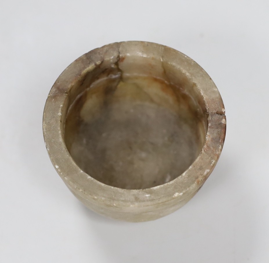 A Chinese jade hairpin, 21cm, a hardstone plaque, and an alabaster bowl